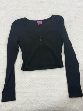Edikted Black V-Neck Button-Front Long Sleeve Top